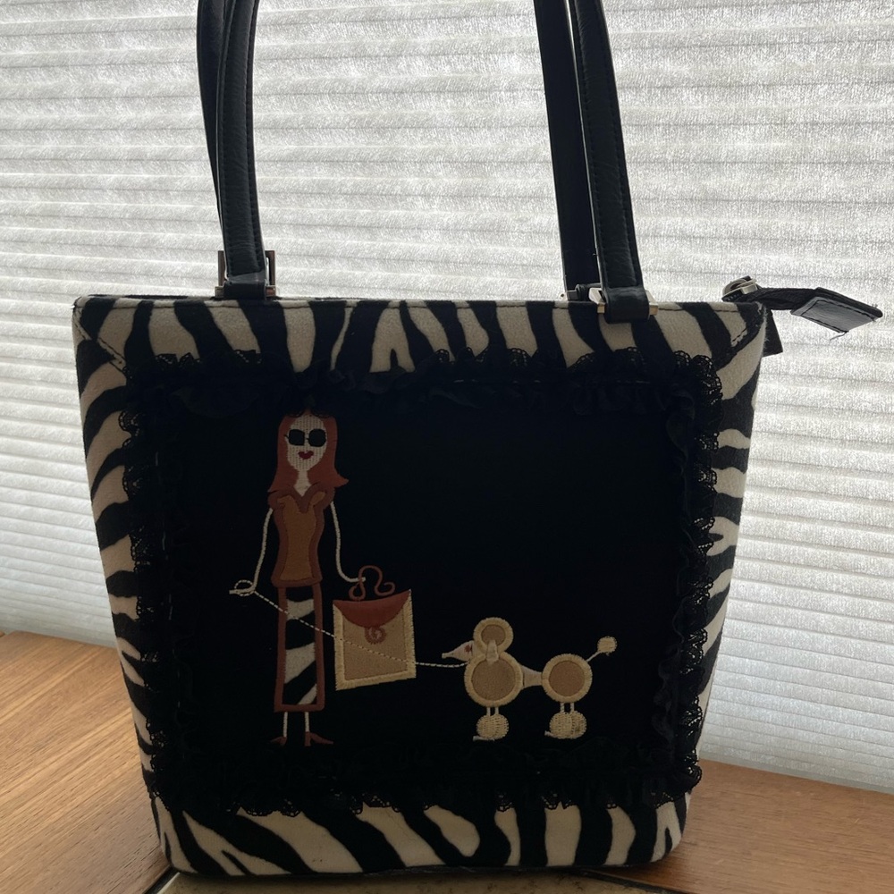 Zebra Print Shoulder Bag with Embroidered Lady Walking Poodle